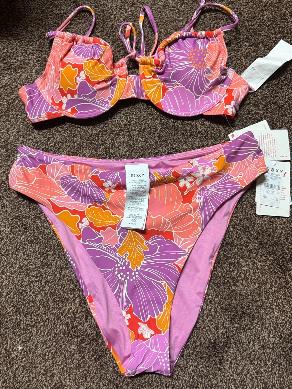 NWT! Roxy two piece bikini bathing suit pink purple floral tropical L/XL